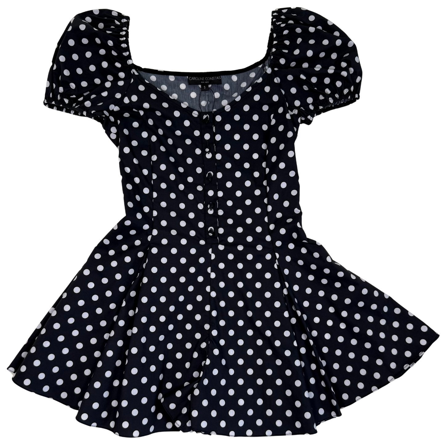 Caroline Constas Black and White Polka Dot Romper - Puff Sleeve Cotton Mini Playsuit