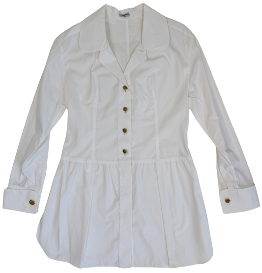 Chanel Vintage 1980s White Cotton Tunic/Mini Dress with CC Buttons