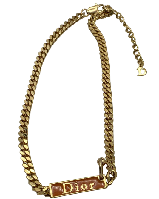 Vintage 1980s Christian Dior Gold-Tone Brown Enamel Logo Plate ID Curb Link Chain Necklace