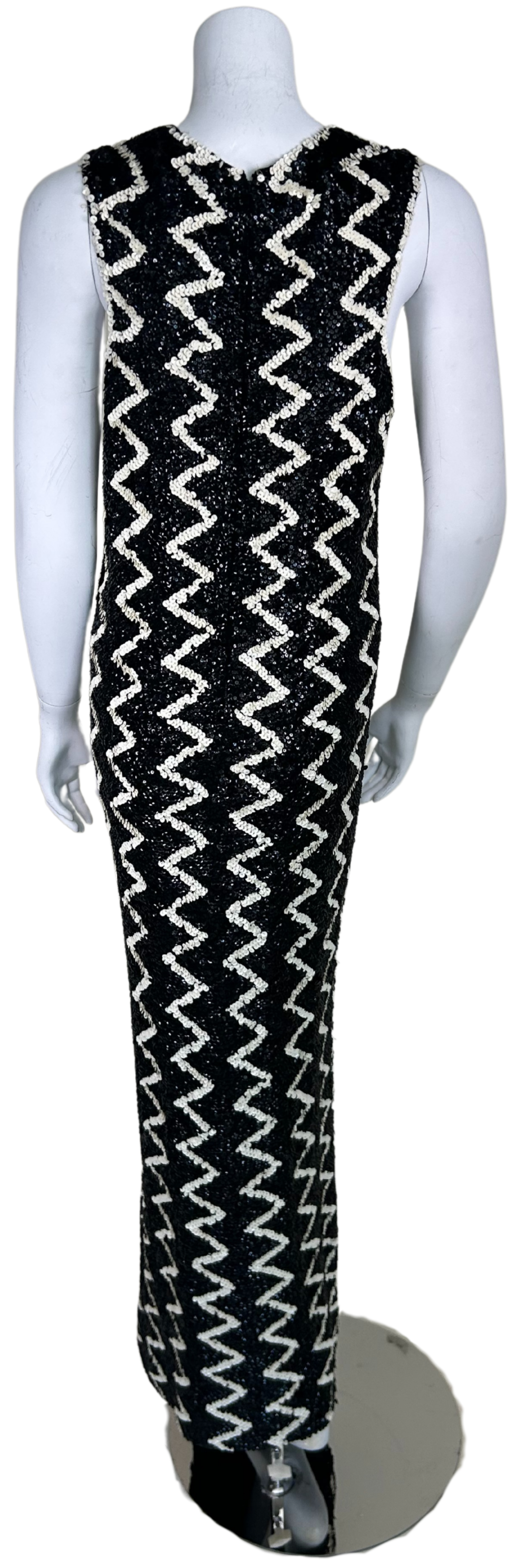 Vintage 1960s Chez Royale Black & White Sequin Zig-Zag Gown