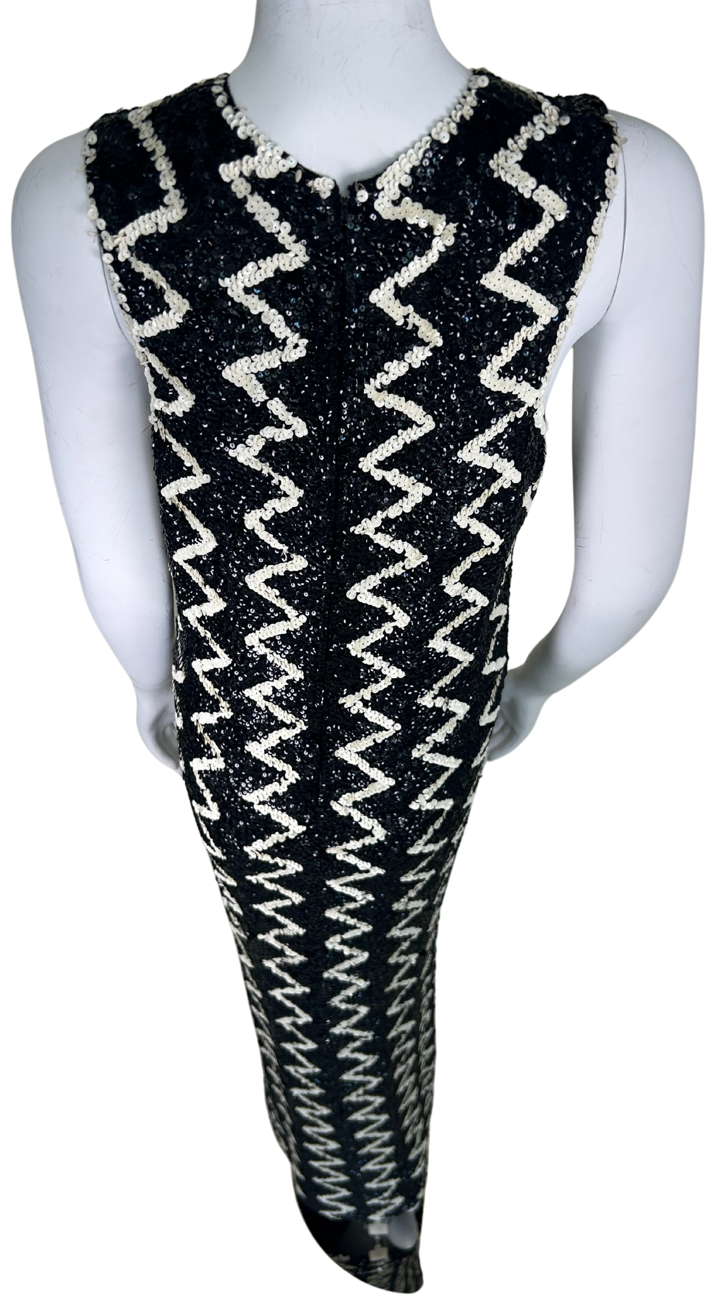 Vintage 1960s Chez Royale Black & White Sequin Zig-Zag Gown