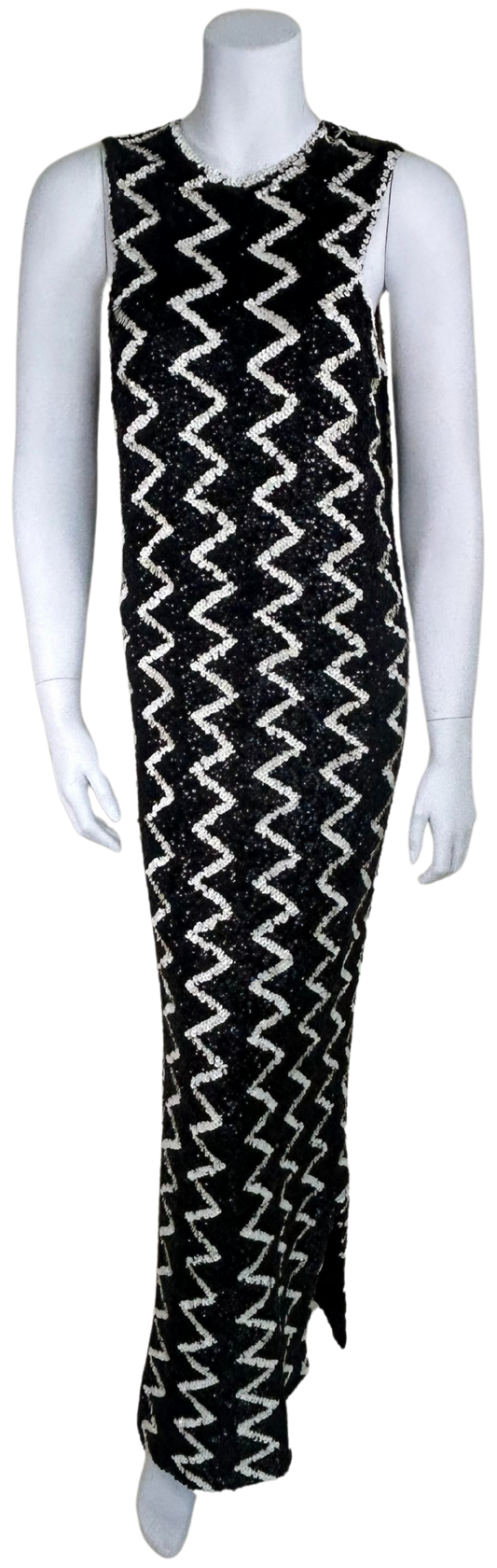 Vintage 1960s Chez Royale Black & White Sequin Zig-Zag Gown