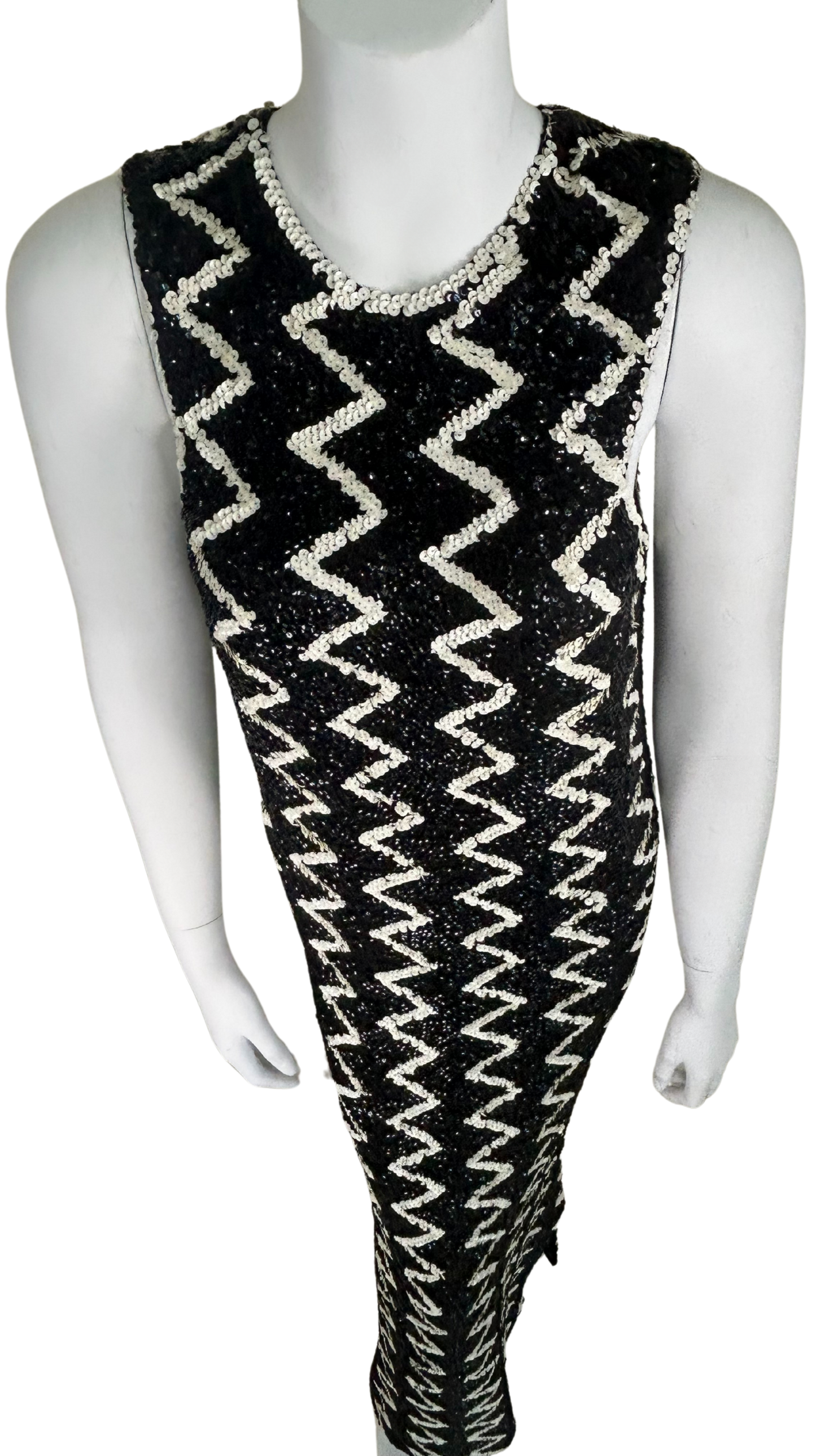 Vintage 1960s Chez Royale Black & White Sequin Zig-Zag Gown