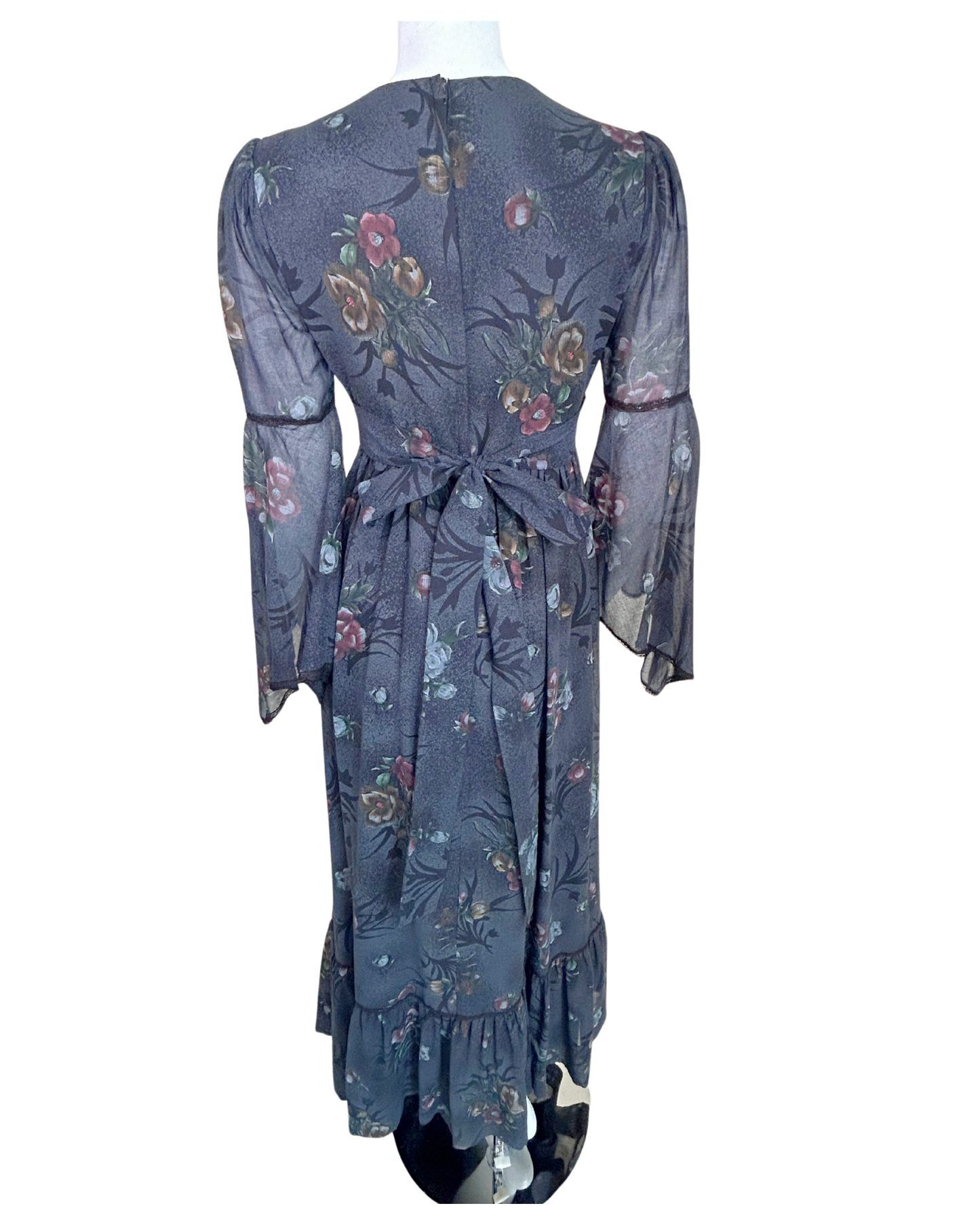 Vintage 1970s Candi Jones California Black Floral Prairie Dress
