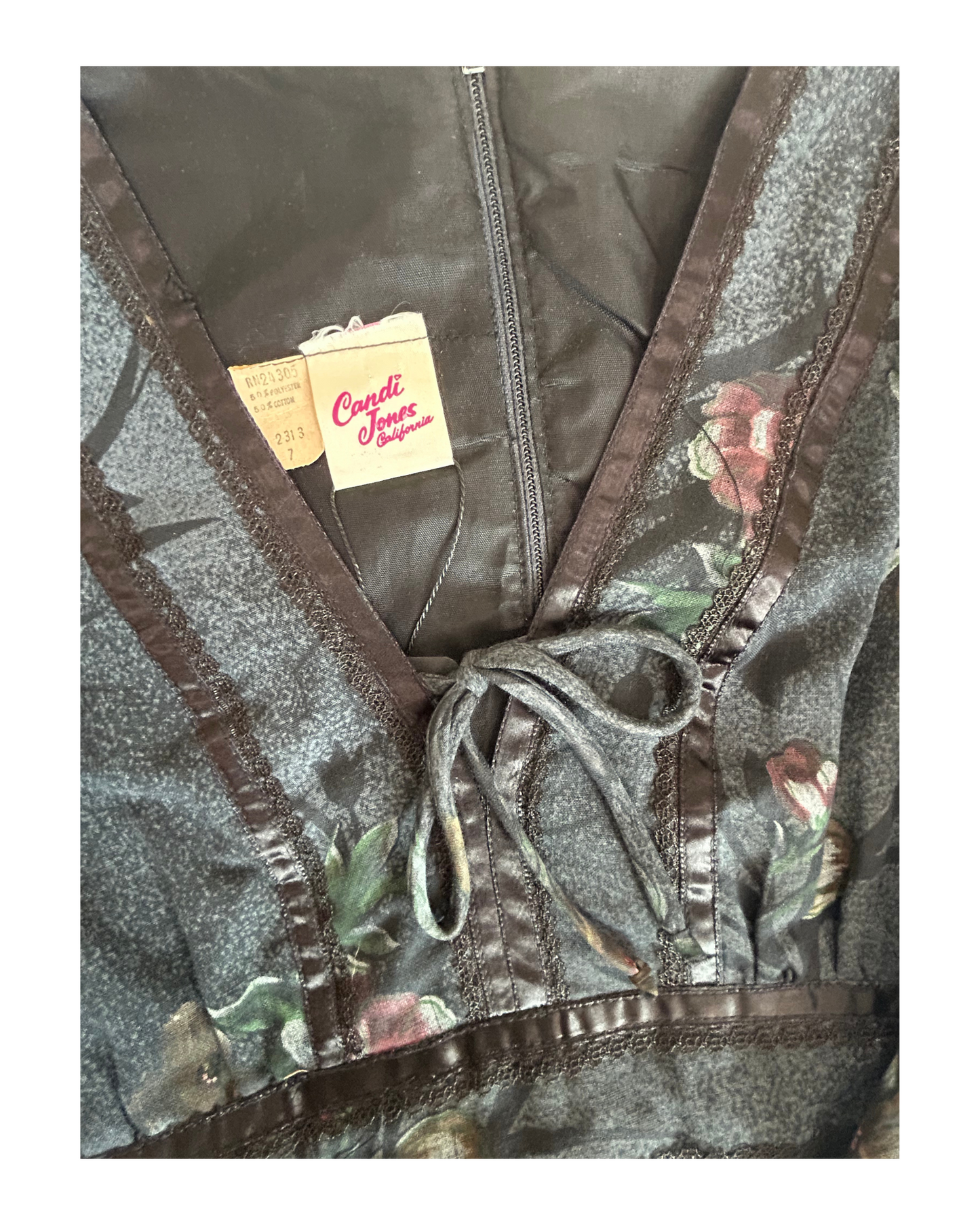 Vintage 1970s Candi Jones California Black Floral Prairie Dress