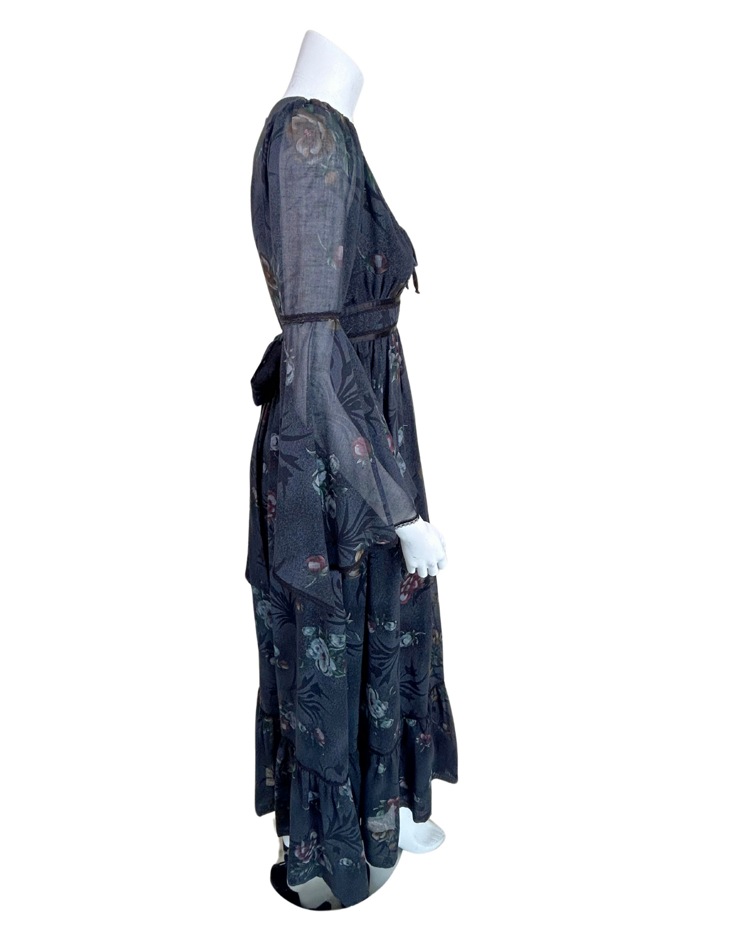 Vintage 1970s Candi Jones California Black Floral Prairie Dress