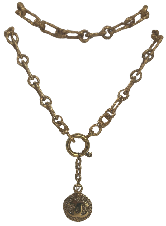 Chanel Vintage 1990 Gold-Tone Textured CC Logo Statement Necklace