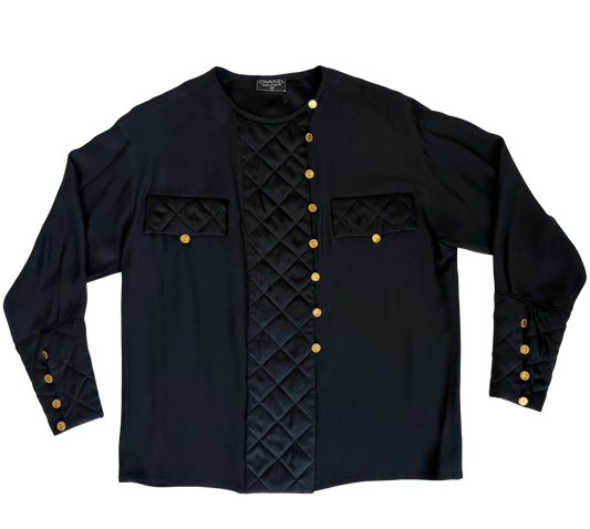 Chanel Vintage 90's Black Silk Collarless Blouse