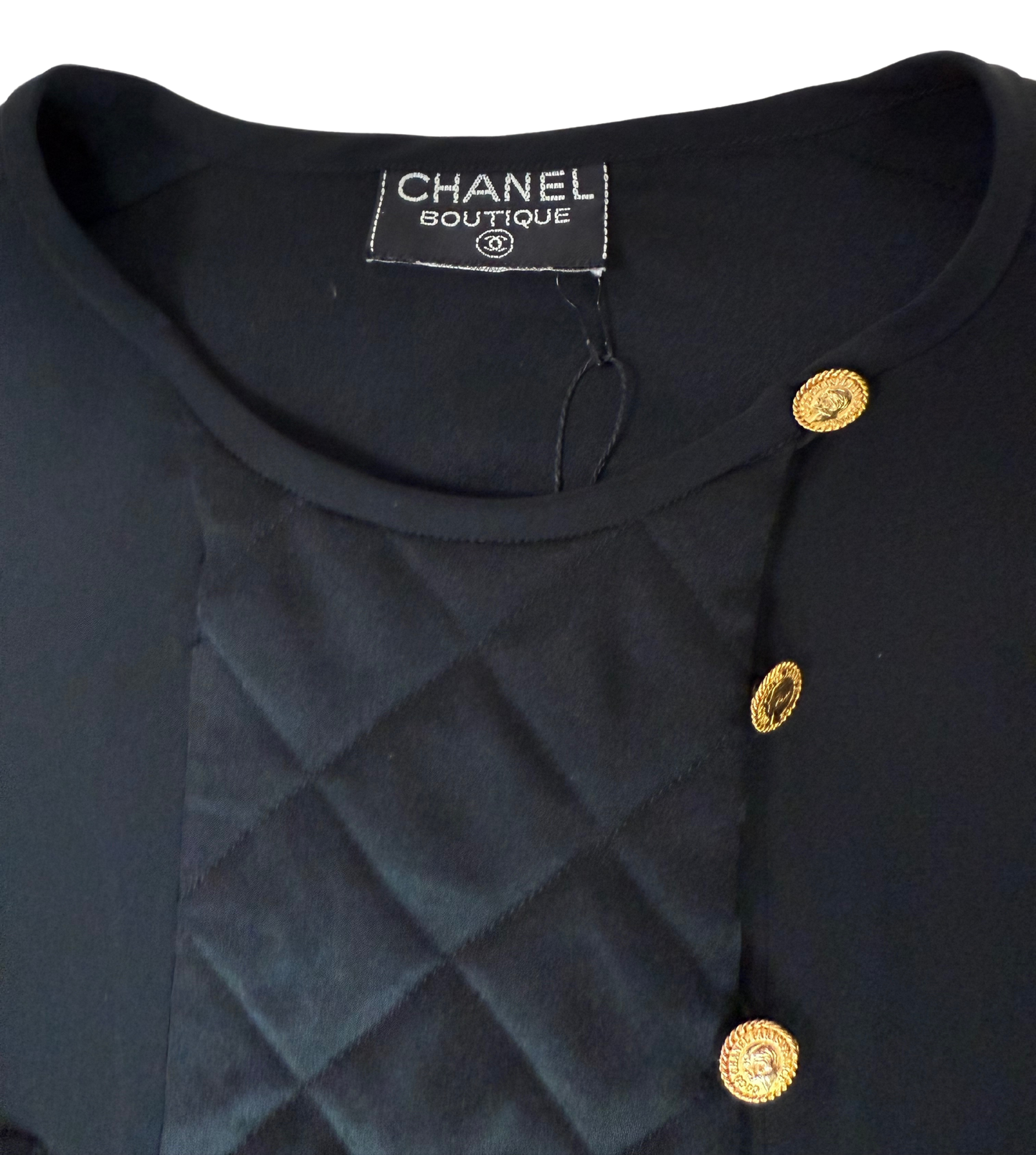 Chanel Vintage 90's Black Silk Collarless Blouse