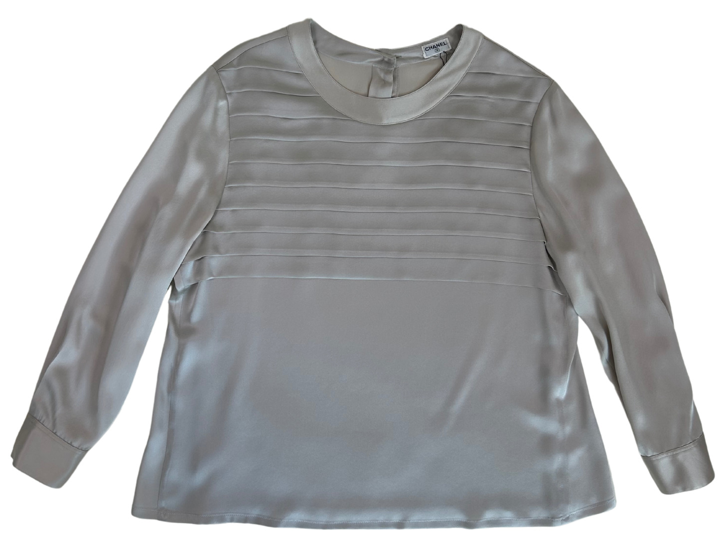 Chanel Vintage Collarless Dove Grey Silk Blouse