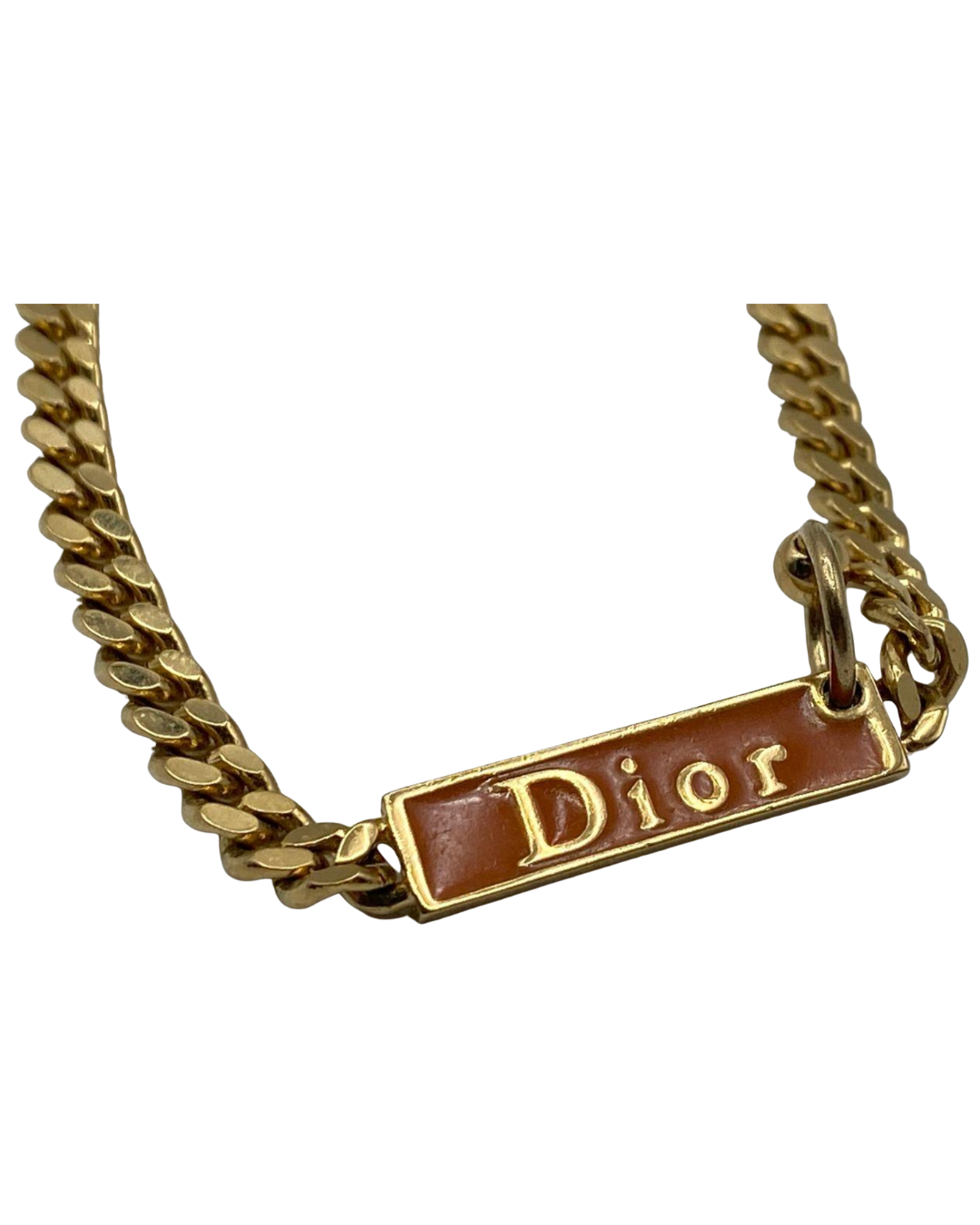 Vintage 1980s Christian Dior Gold-Tone Brown Enamel Logo Plate ID Curb Link Chain Necklace