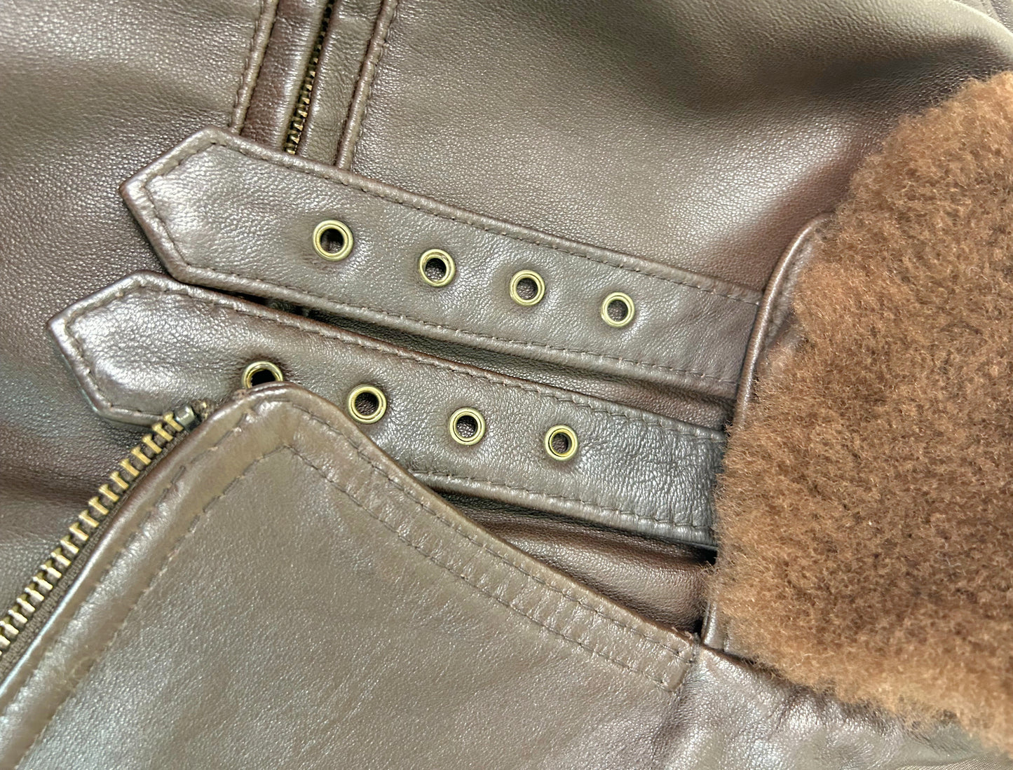 Vintage DKNY Brown Leather Aviator Jacket with Faux Shearling Collar – 1980s/90s