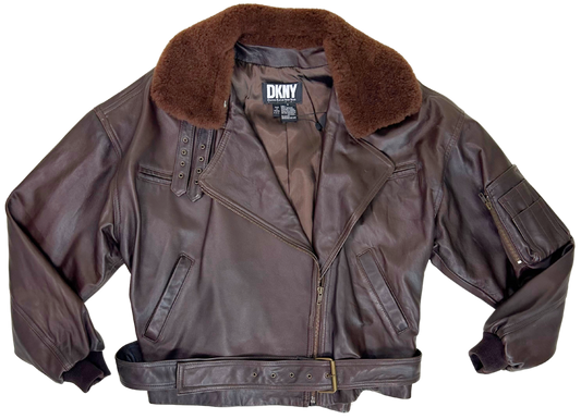 Vintage DKNY Brown Leather Aviator Jacket with Faux Shearling Collar – 1980s/90s