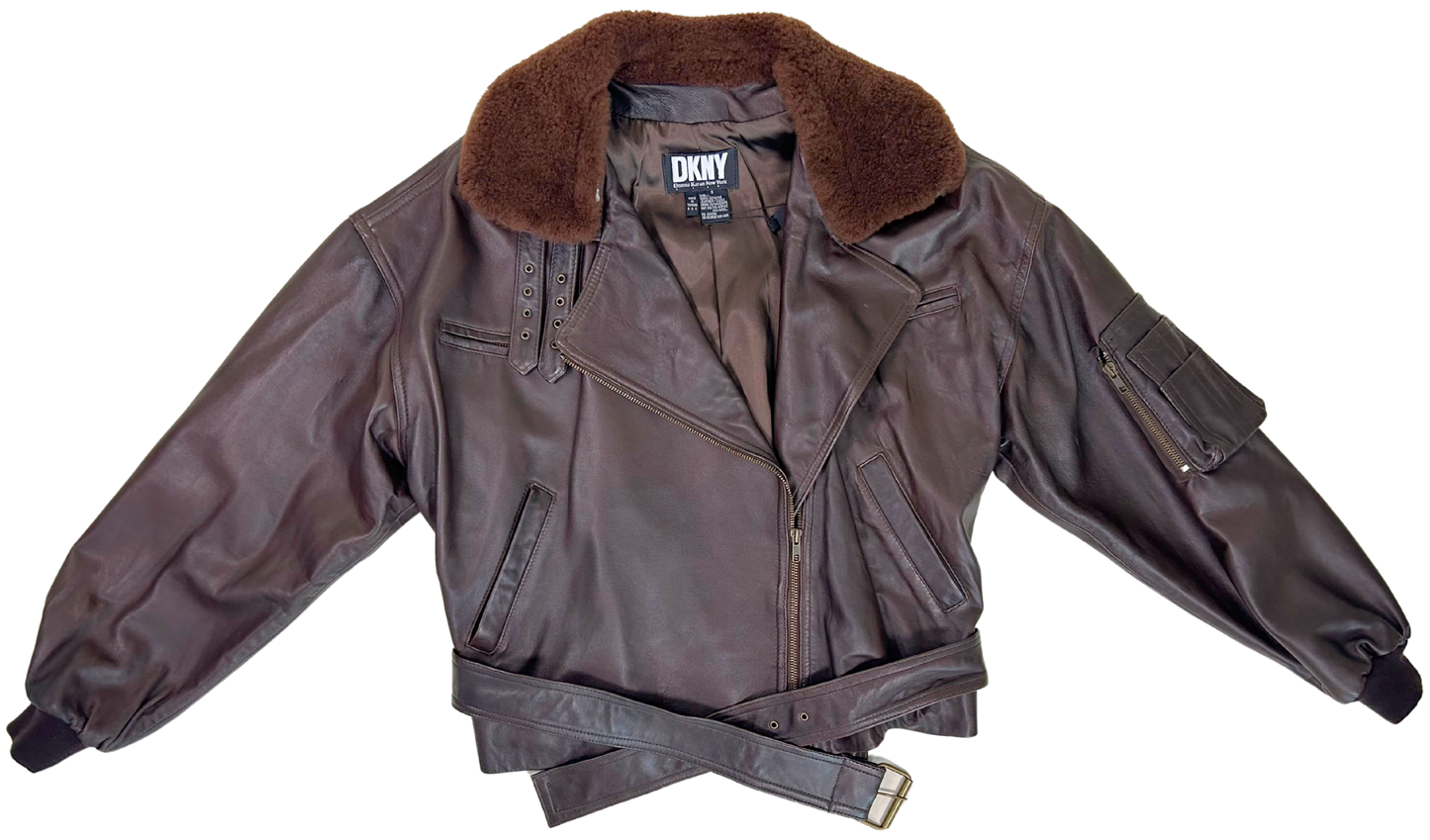 Vintage DKNY Brown Leather Aviator Jacket with Faux Shearling Collar – 1980s/90s