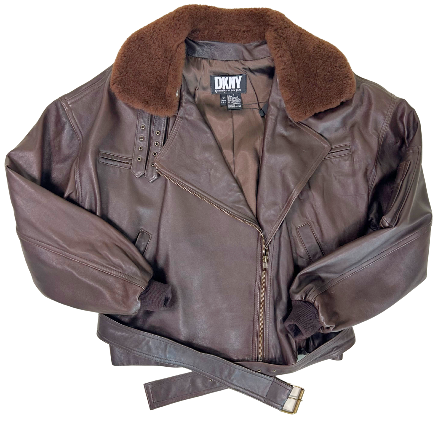 Vintage DKNY Brown Leather Aviator Jacket with Faux Shearling Collar – 1980s/90s