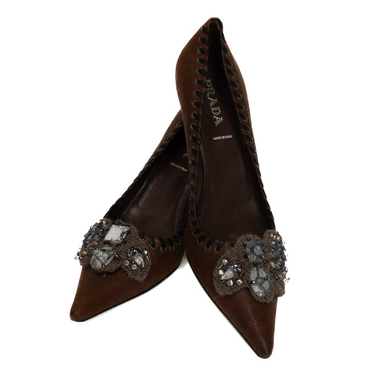 Prada Vintage Brown Leather Embellished Pumps