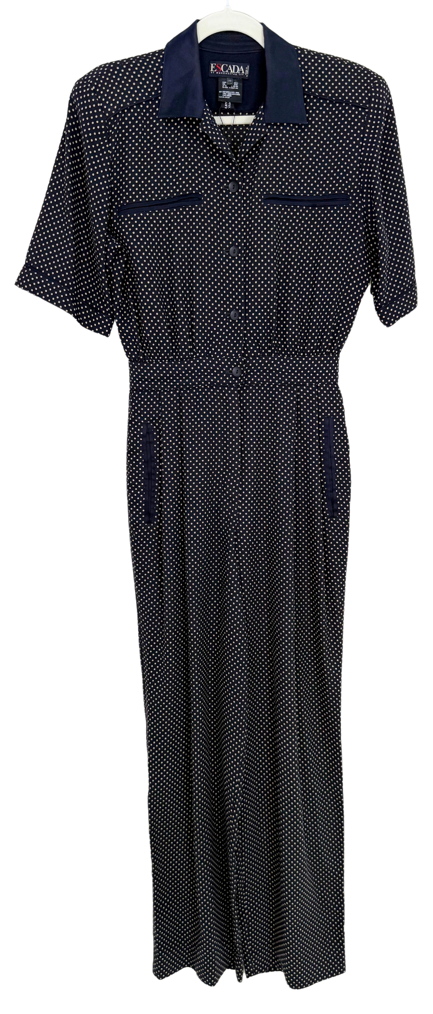 Vintage 1980s Escada by Margaretha Ley Navy Polka Dot Wool Blend Jumpsuit