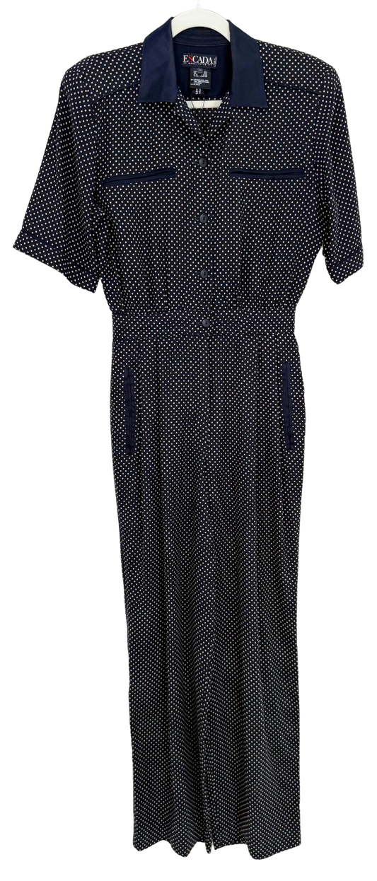 Vintage 1980s Escada by Margaretha Ley Navy Polka Dot Wool Blend Jumpsuit
