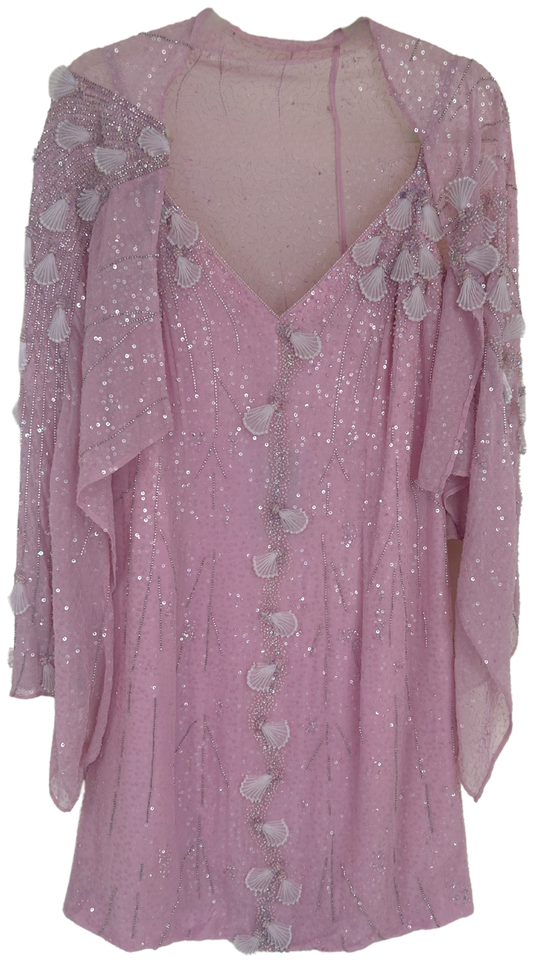 Vintage Escada Pink Sequin and Bead Silk Shell Dress and Shawl Set