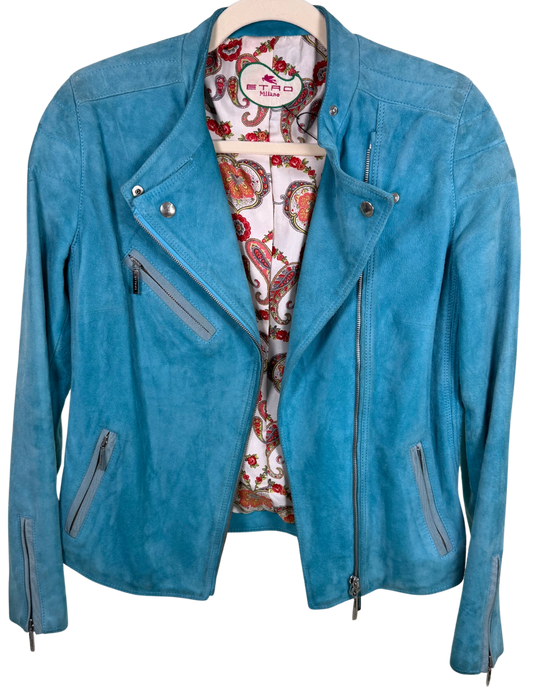 Etro Turquoise Suede Moto Jacket