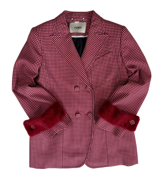 Fendi Wool Jacket with Mink Fur Cuffs in in Jelly Houndstooth