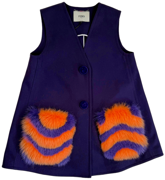 Fendi Fall/Winter 2016 Purple Wool Vest with Dyed Shadow Fox Fur Pockets – NWT