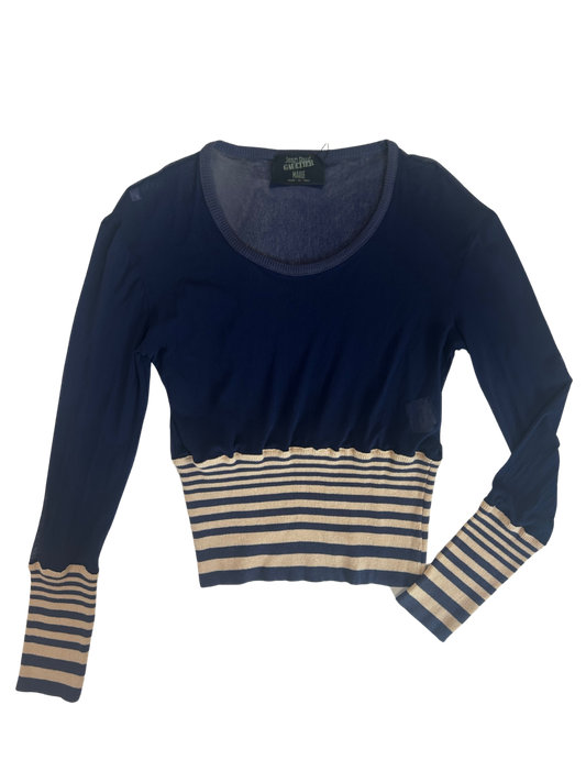 Jean Paul Gaultier Vintage Navy Blue Knit Mesh Nautical Long Sleeve Top