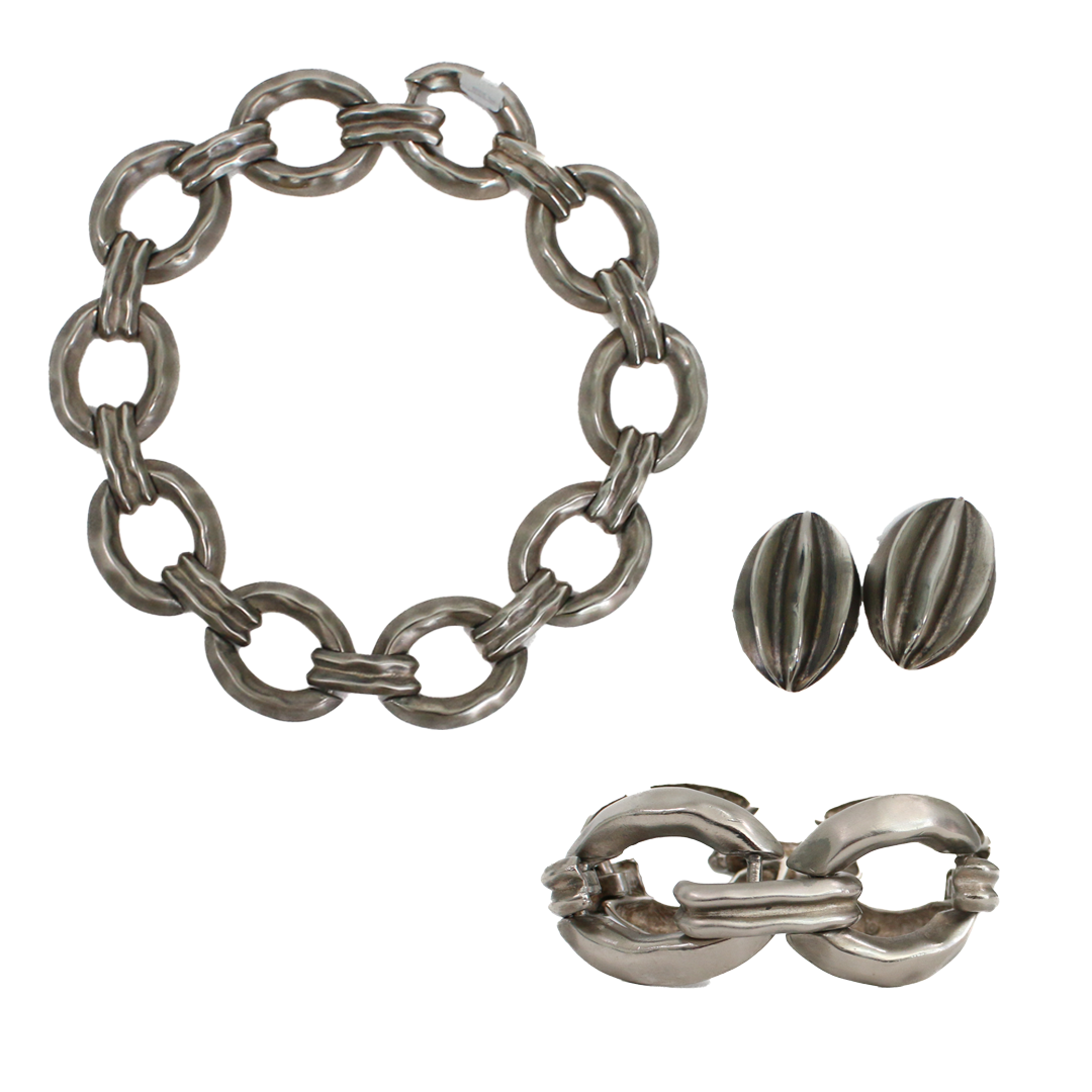 Vintage Givenchy 1980's Brutalist Oval Link Silver Parure Set