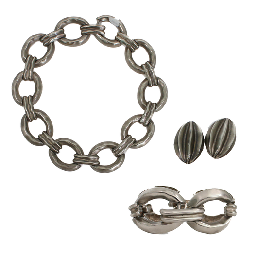 Vintage Givenchy 1980's Brutalist Oval Link Silver Parure Set