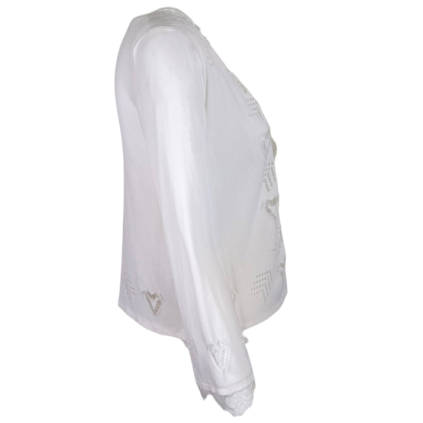 Chanel Spring 2006 White Open Knit Cardigan with Cutout Heart Motifs & Crystal CC Embellishment Size 40