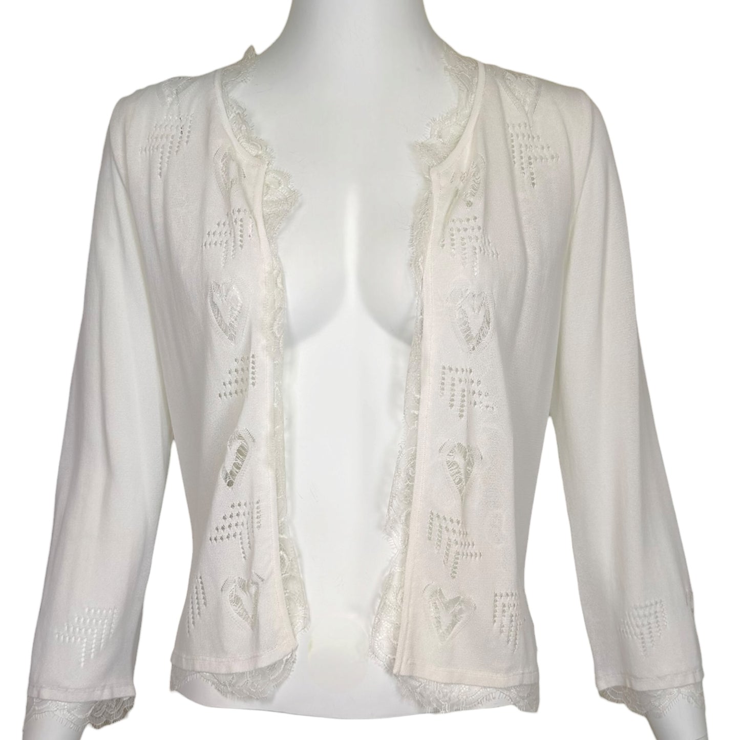 Chanel Spring 2006 White Open Knit Cardigan with Cutout Heart Motifs & Crystal CC Embellishment Size 40