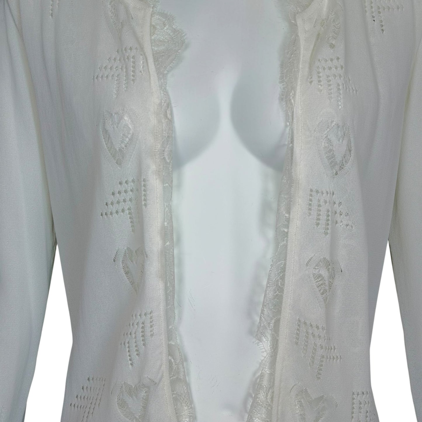 Chanel Spring 2006 White Open Knit Cardigan with Cutout Heart Motifs & Crystal CC Embellishment Size 40