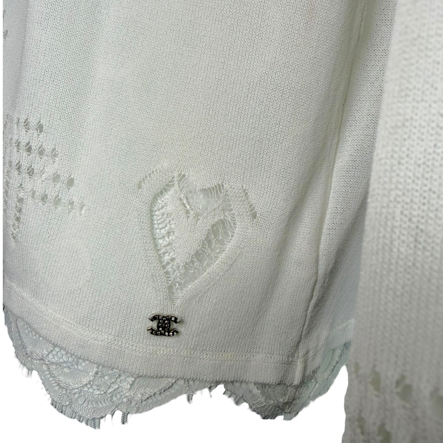 Chanel Spring 2006 White Open Knit Cardigan with Cutout Heart Motifs & Crystal CC Embellishment Size 40