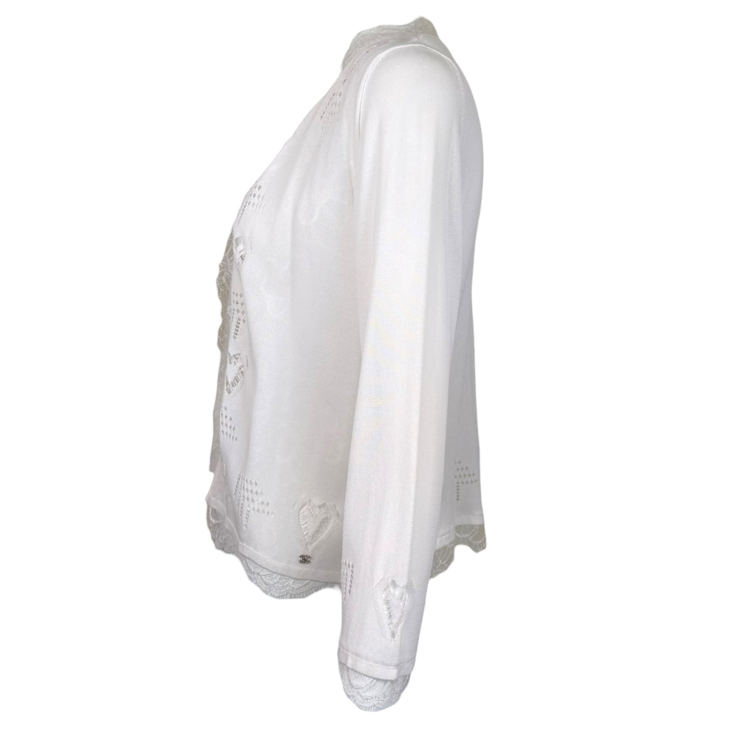 Chanel Spring 2006 White Open Knit Cardigan with Cutout Heart Motifs & Crystal CC Embellishment Size 40