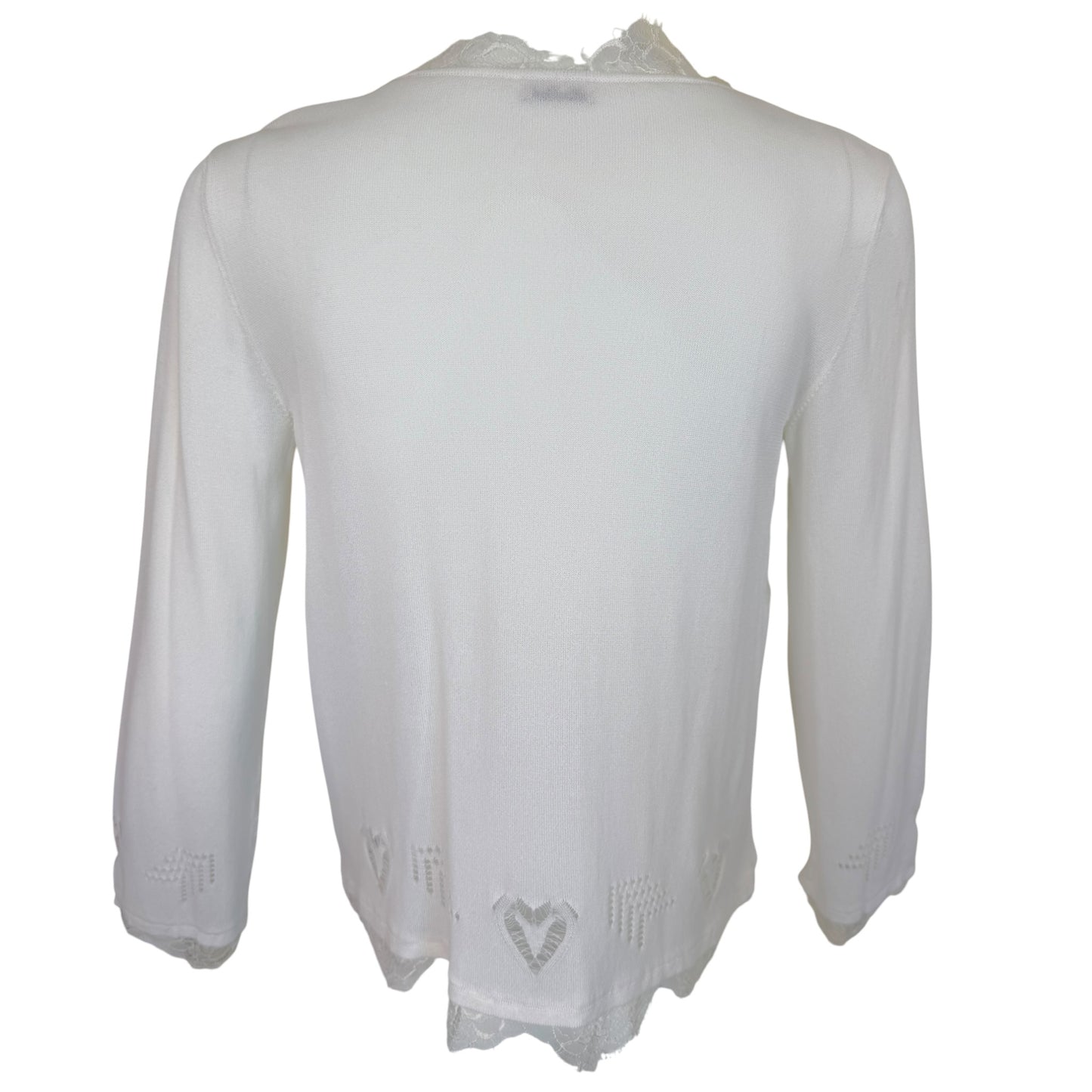 Chanel Spring 2006 White Open Knit Cardigan with Cutout Heart Motifs & Crystal CC Embellishment Size 40