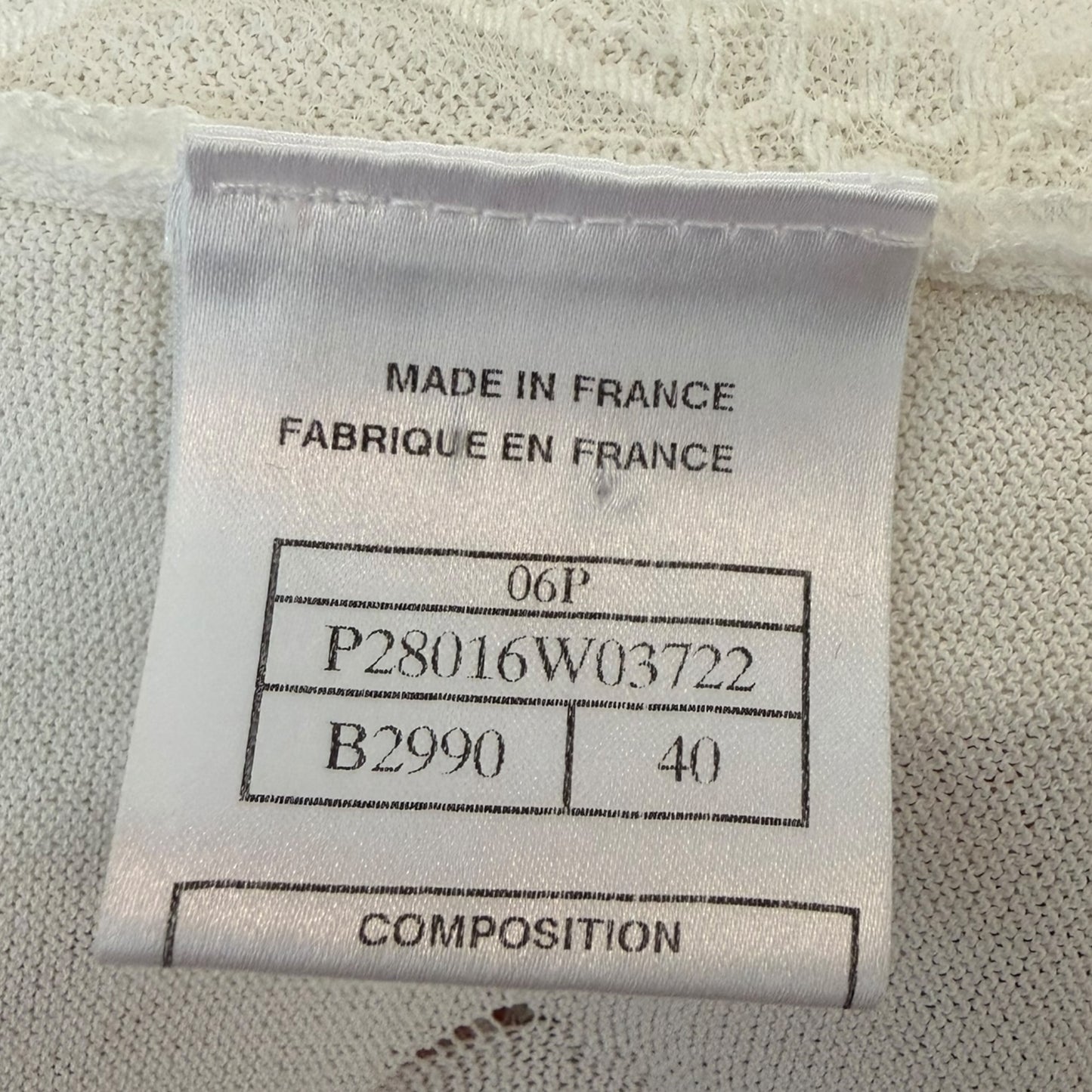 Chanel Spring 2006 White Open Knit Cardigan with Cutout Heart Motifs & Crystal CC Embellishment Size 40