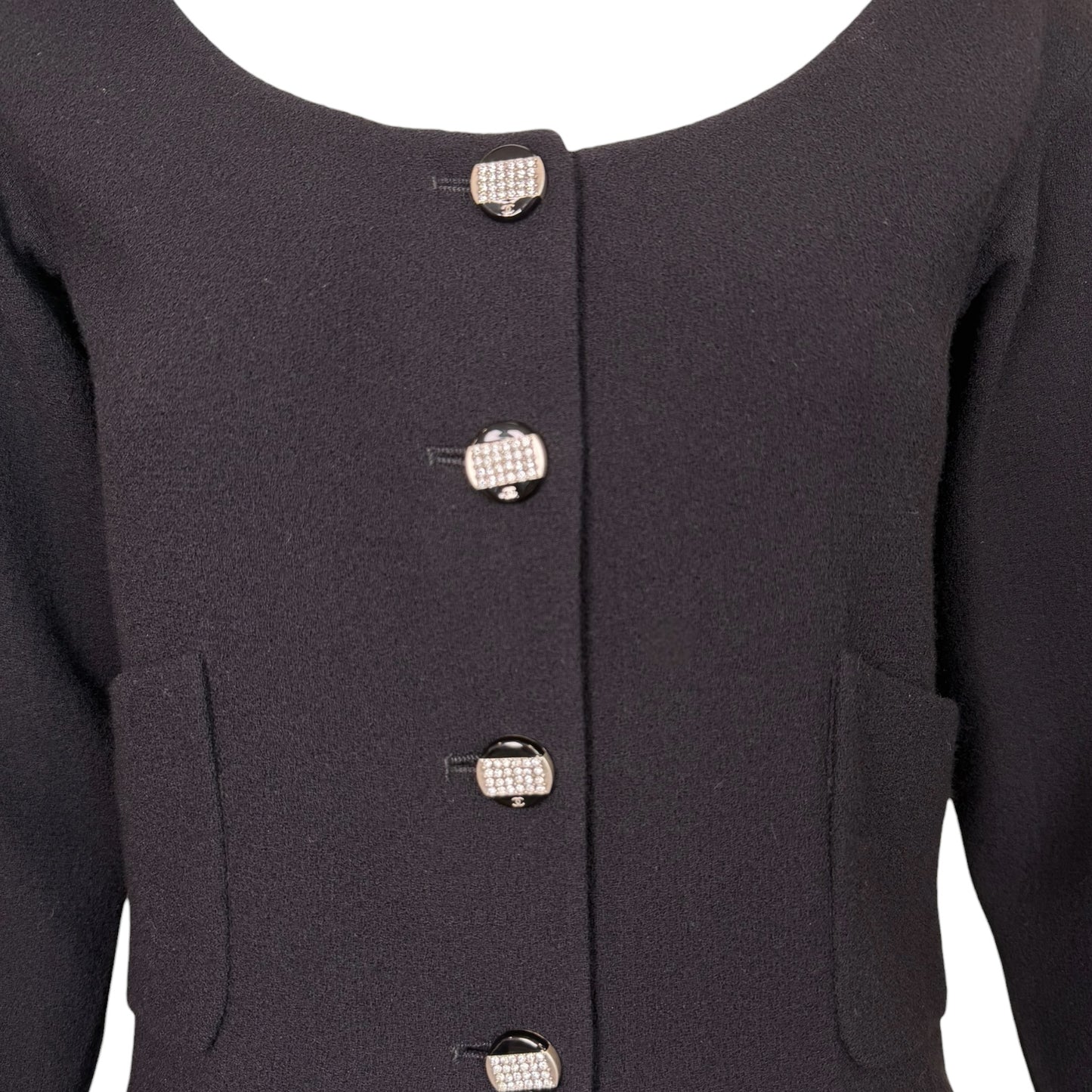 Chanel Cruise 2012 Black Wool Cropped Jacket with Rhinestone CC Buttons NWT Size 38