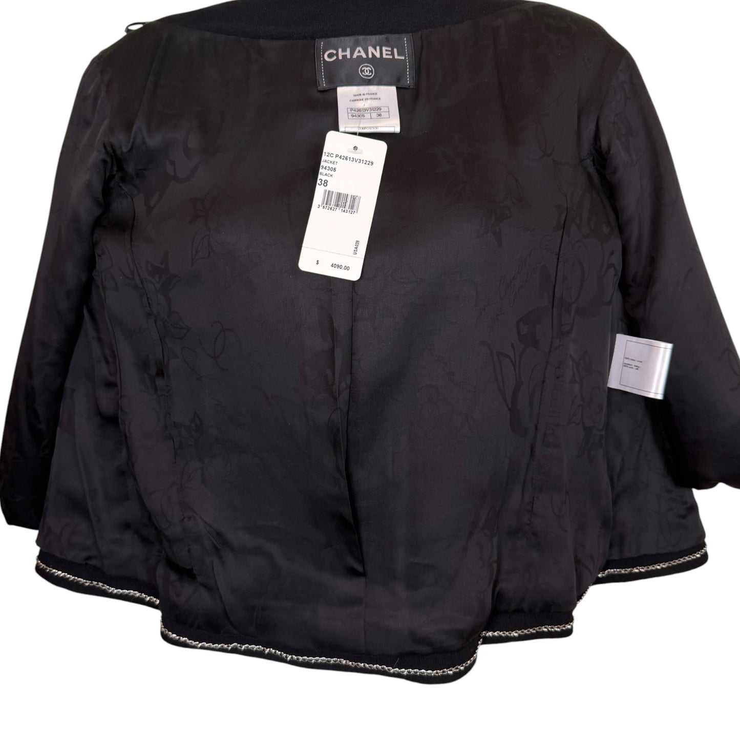 Chanel Cruise 2012 Black Wool Cropped Jacket with Rhinestone CC Buttons NWT Size 38