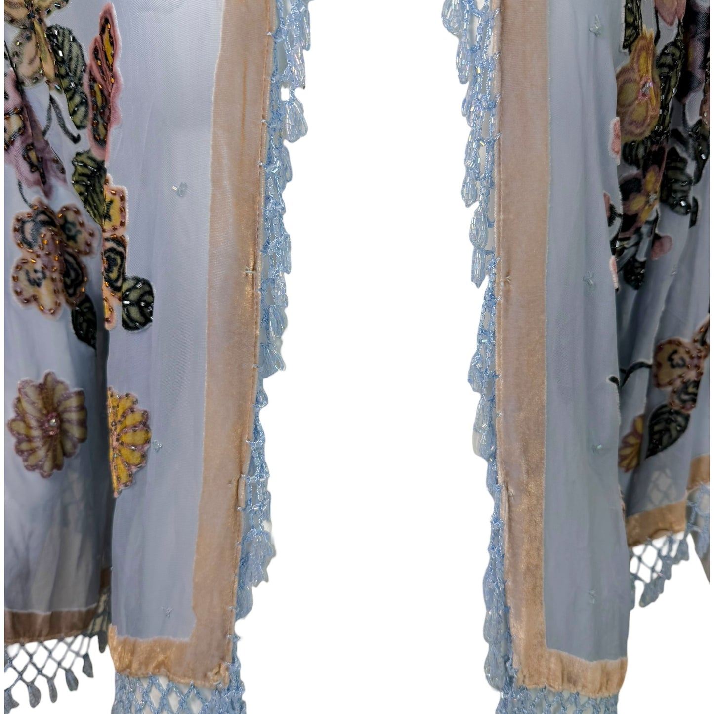 Vintage Light Blue Silk Chiffon Beaded Floral Fringe Kimono Jacket