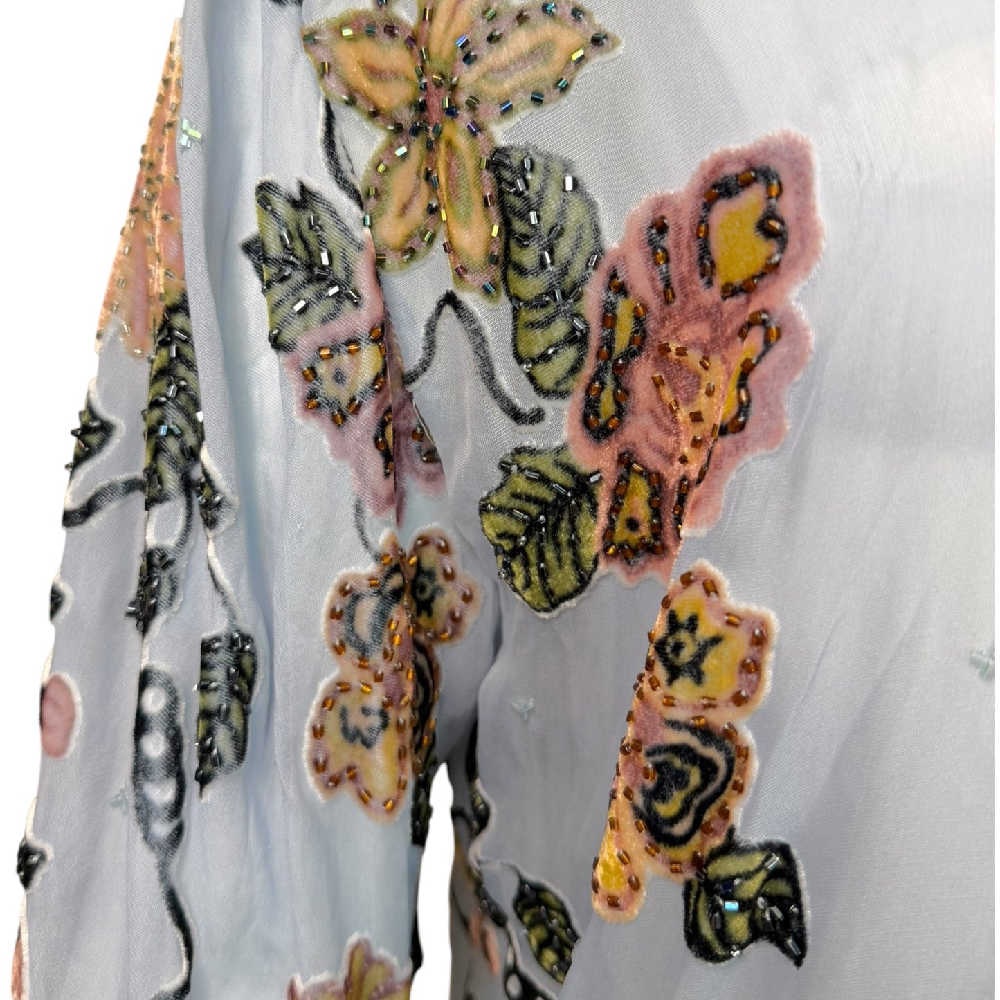 Vintage Light Blue Silk Chiffon Beaded Floral Fringe Kimono Jacket