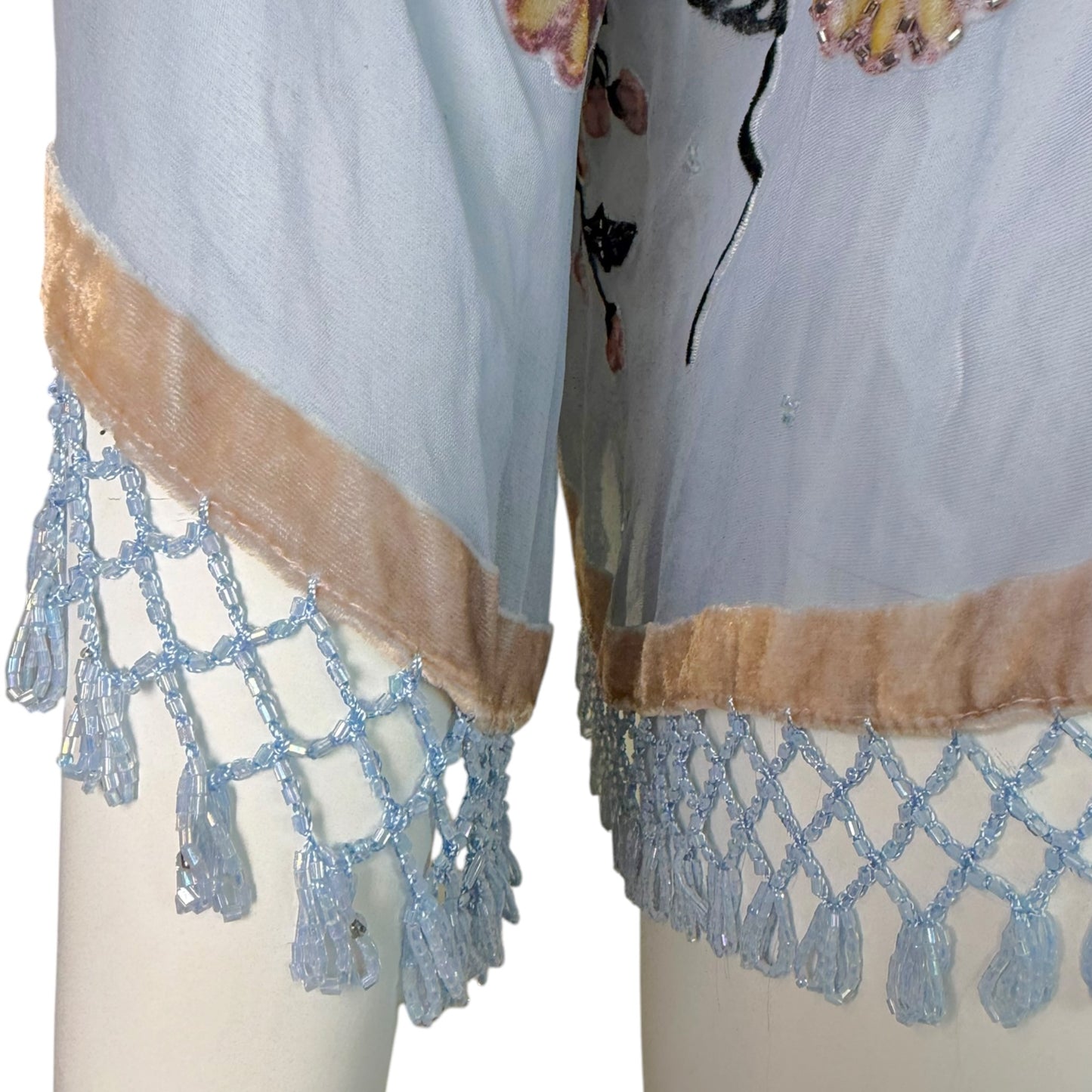 Vintage Light Blue Silk Chiffon Beaded Floral Fringe Kimono Jacket
