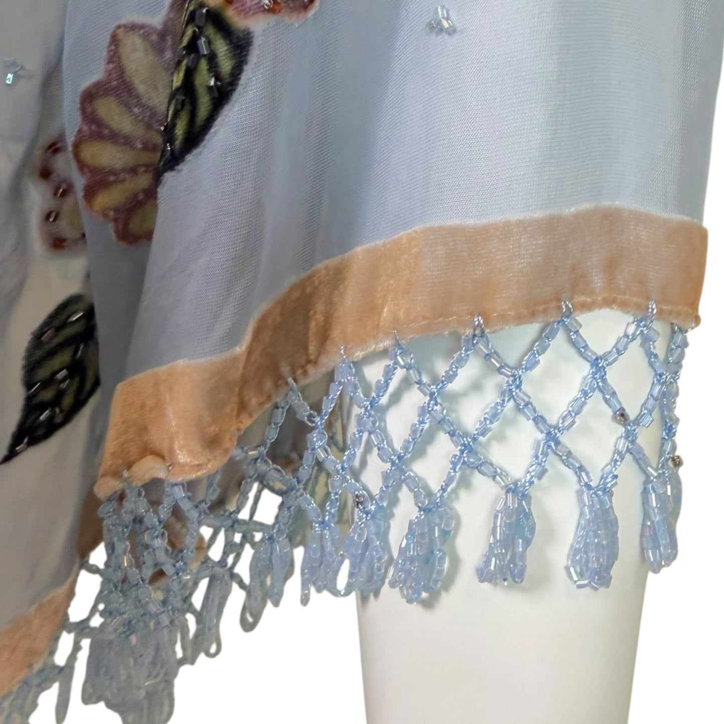 Vintage Light Blue Silk Chiffon Beaded Floral Fringe Kimono Jacket