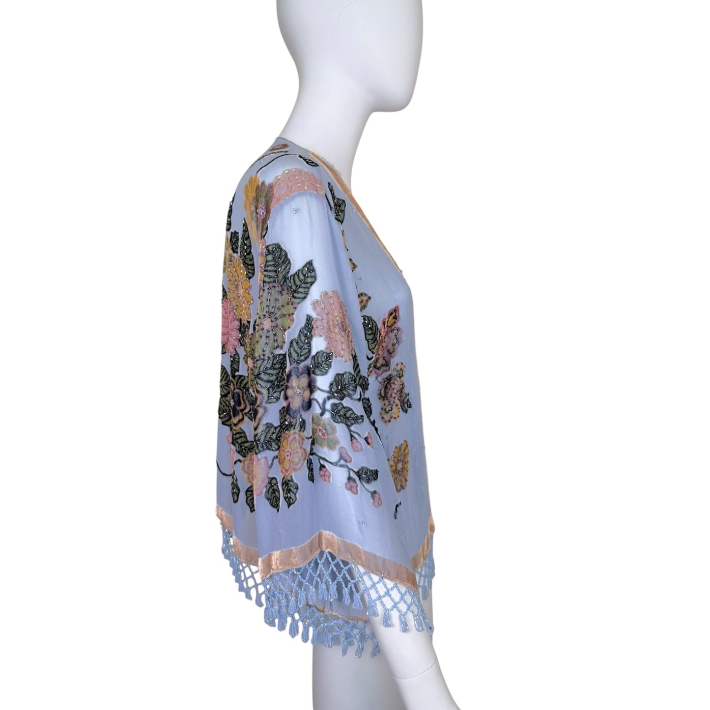 Vintage Light Blue Silk Chiffon Beaded Floral Fringe Kimono Jacket