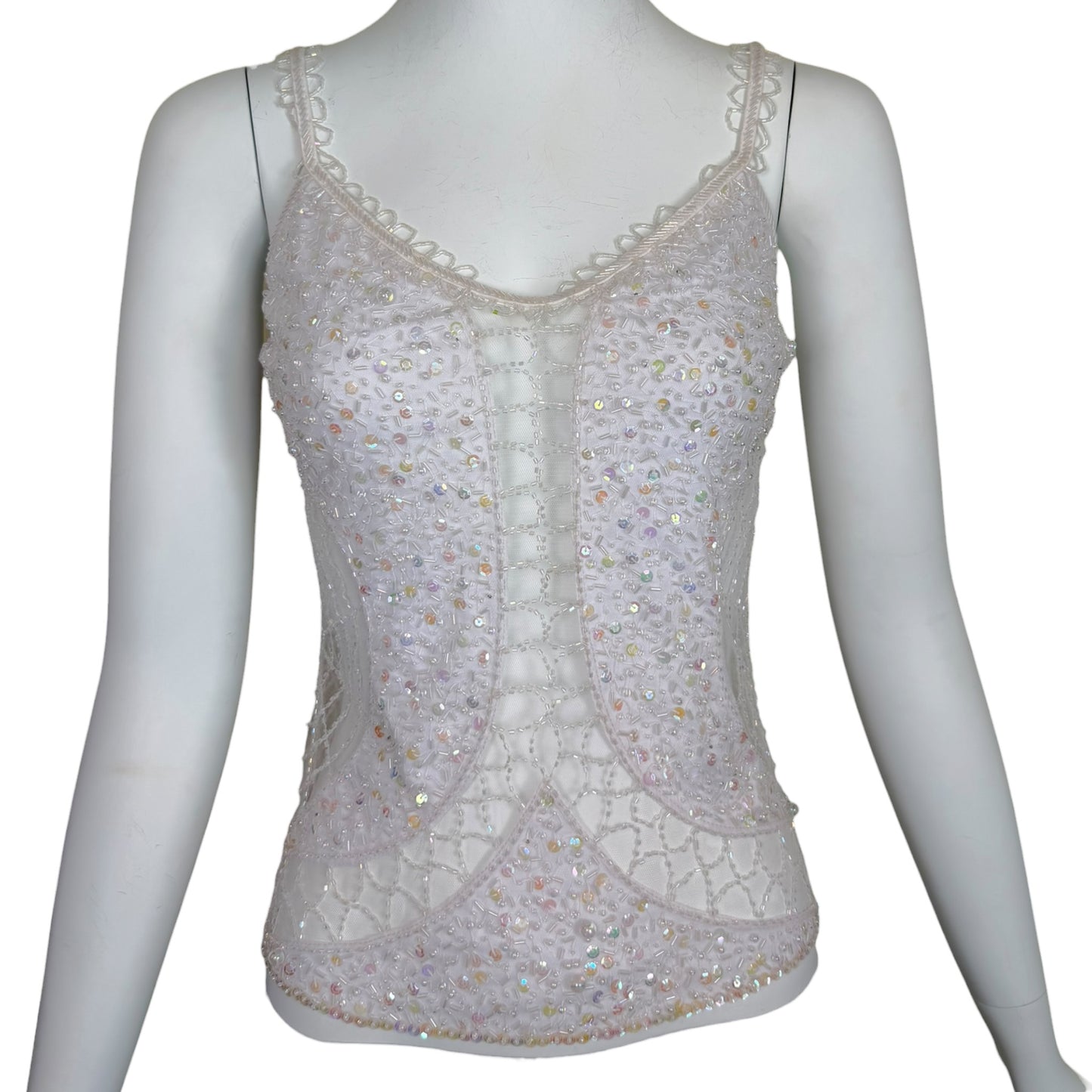Vintage Attitudes by Debra White Hand-Beaded Mesh Camisole Top NWT Spiderweb Sequin Detail Size M