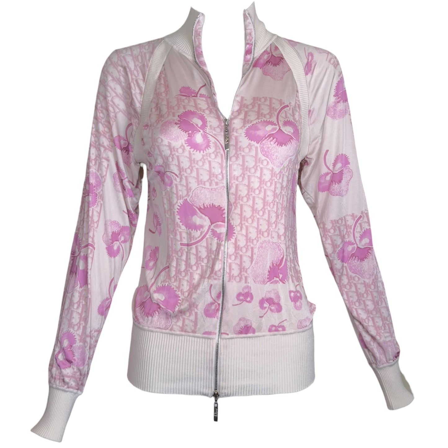 Christian Dior by John Galliano SS 2005 Pink Diorissimo Monogram Cherry Blossom Zip Bomber Jacket - Size 6