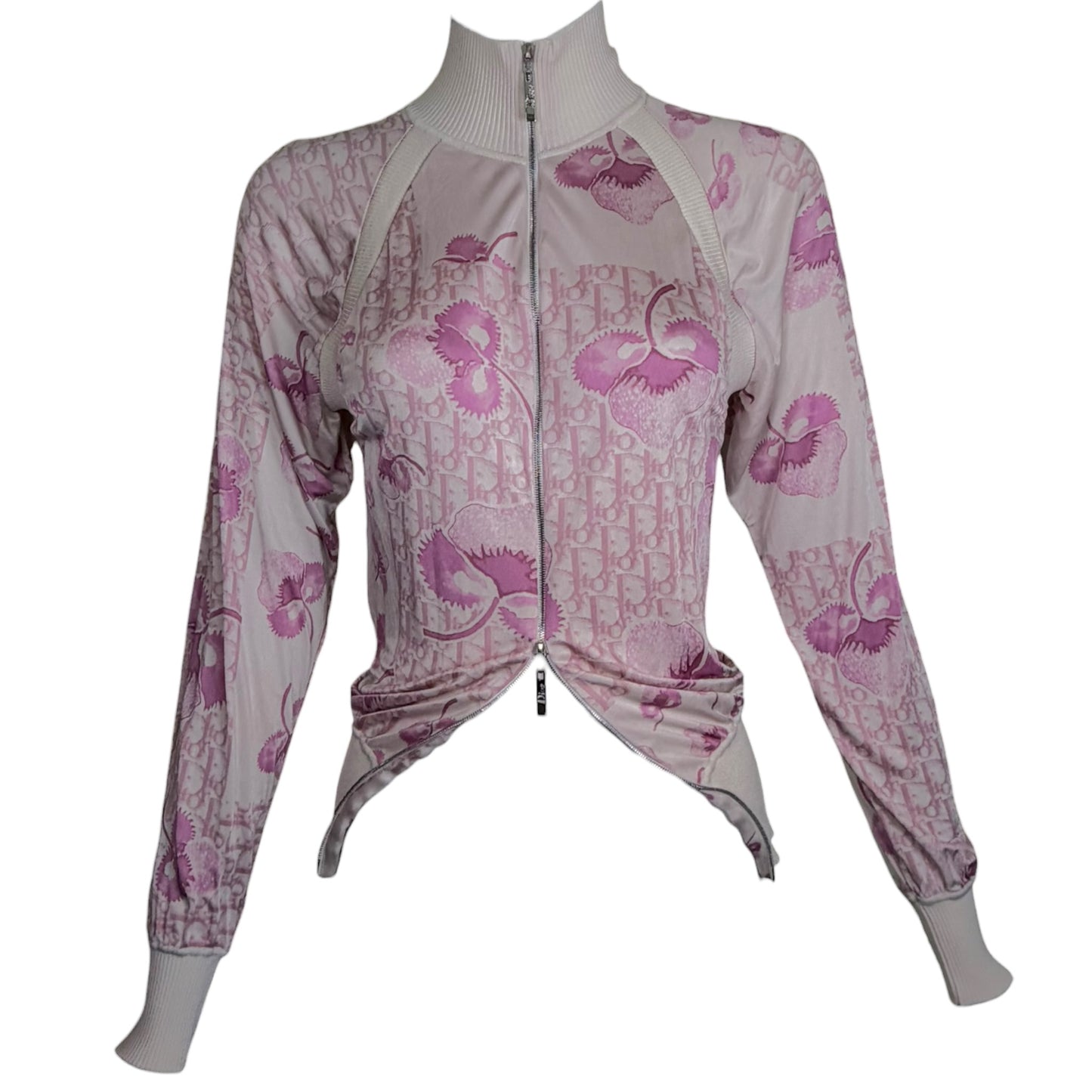 Christian Dior by John Galliano SS 2005 Pink Diorissimo Monogram Cherry Blossom Zip Bomber Jacket - Size 6