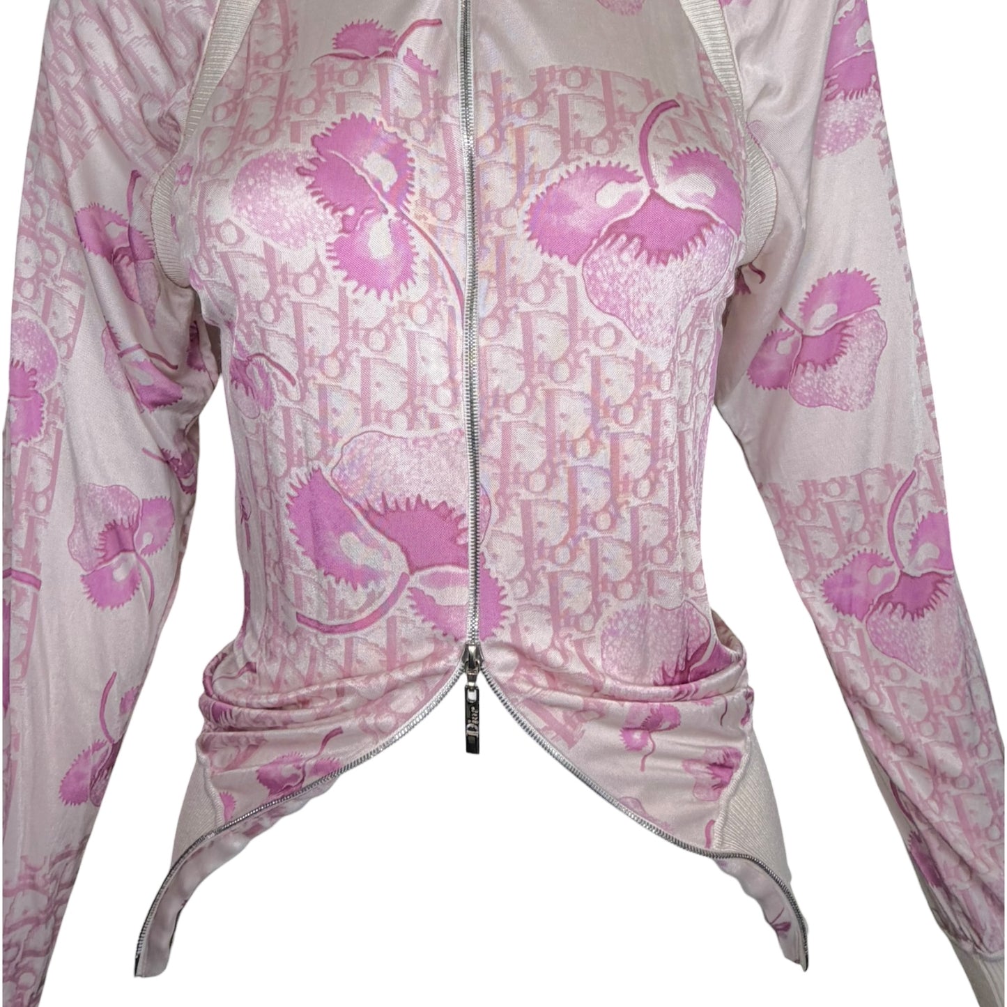 Christian Dior by John Galliano SS 2005 Pink Diorissimo Monogram Cherry Blossom Zip Bomber Jacket - Size 6