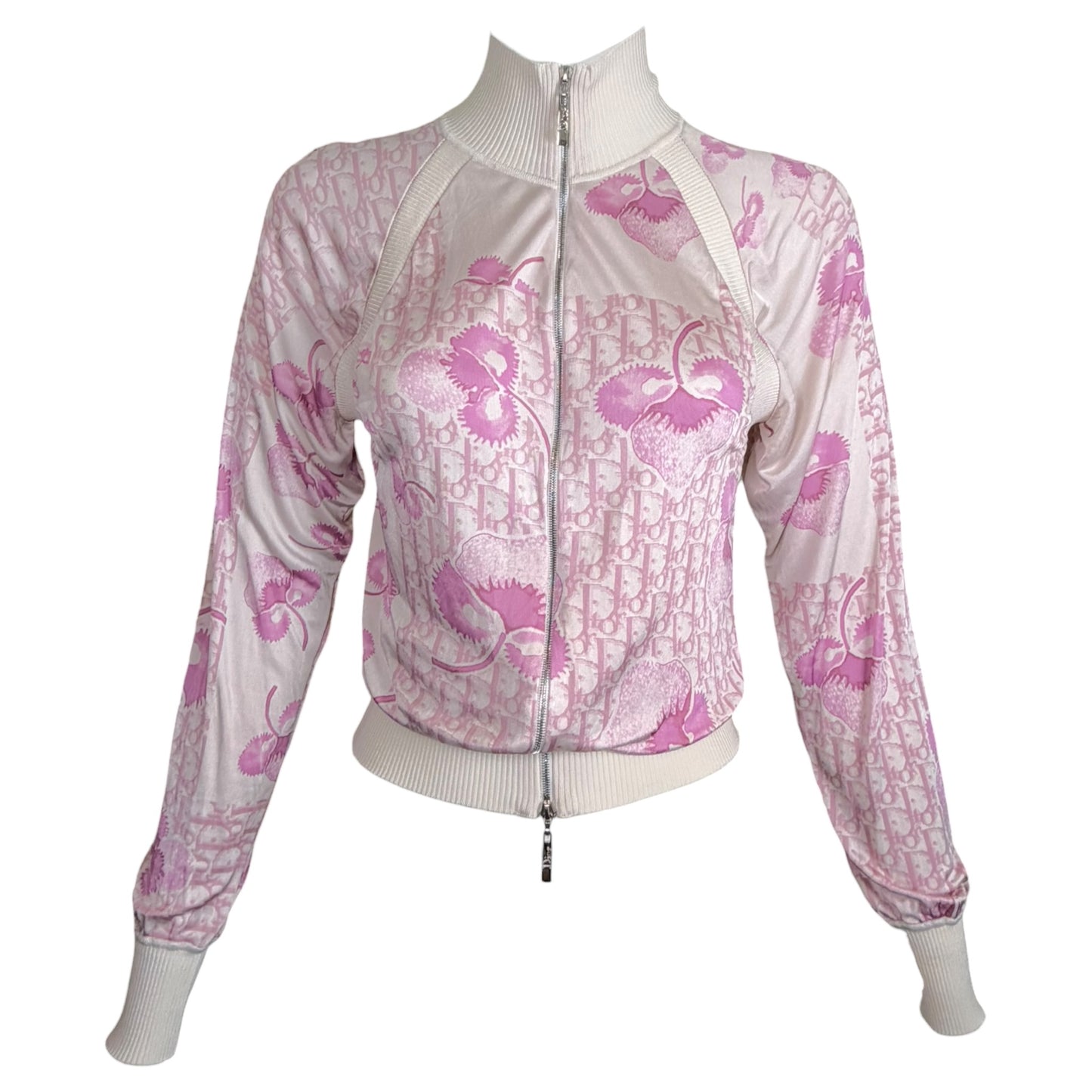 Christian Dior by John Galliano SS 2005 Pink Diorissimo Monogram Cherry Blossom Zip Bomber Jacket - Size 6
