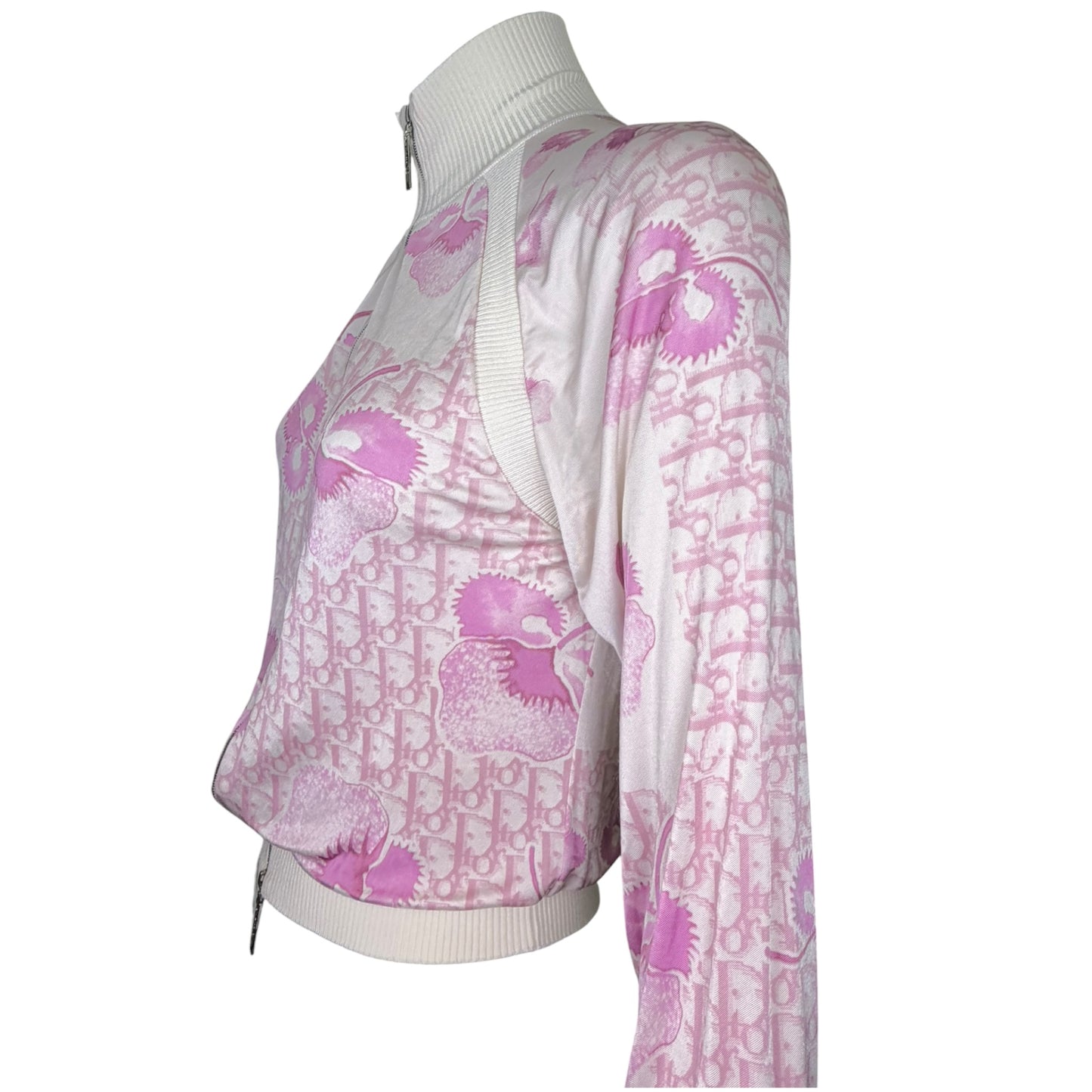 Christian Dior by John Galliano SS 2005 Pink Diorissimo Monogram Cherry Blossom Zip Bomber Jacket - Size 6