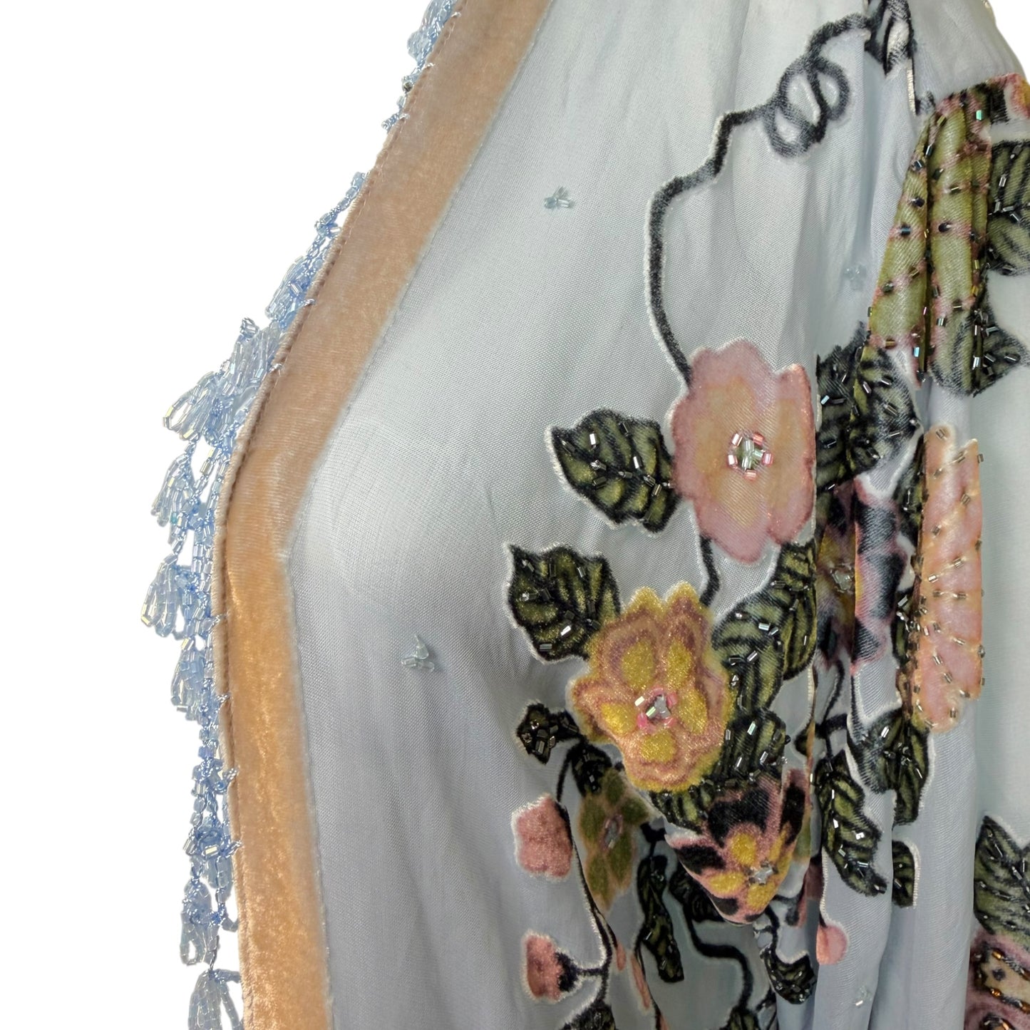 Vintage Light Blue Silk Chiffon Beaded Floral Fringe Kimono Jacket